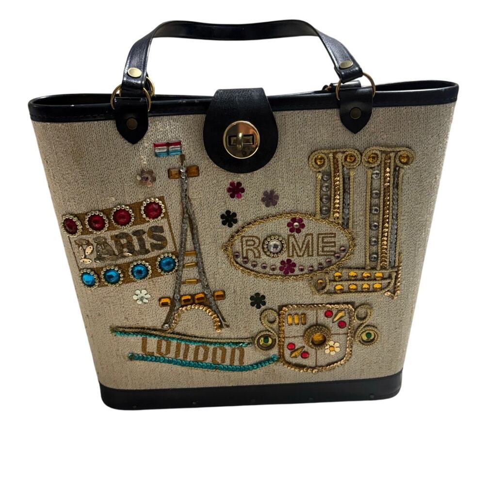 Enid Collins of Texas "Passport" Tote Bejeweled 60s Vintage Purse Paris Rome